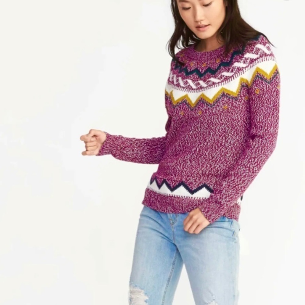 Old Navy Sweater Fair Isle, Nordic, Sz Med, Women’s Cotton Blend Purple/Burgundy